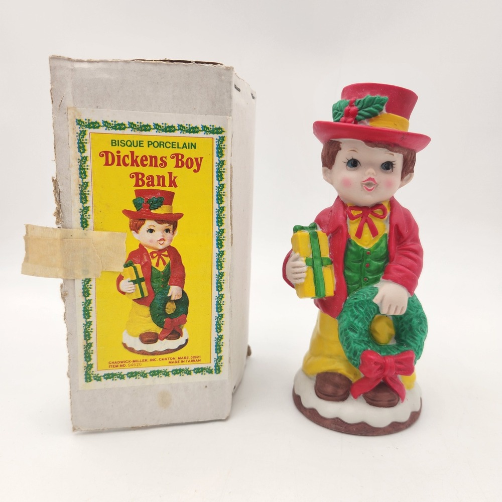 Vintage 1979 Chadwick-Miller Bisque Porcelain Dickens Boy Christmas Bank wit Box